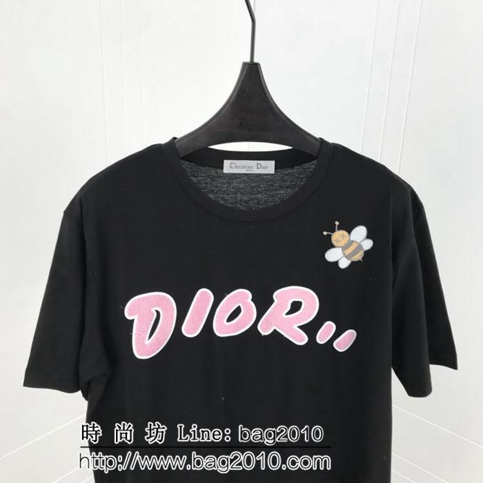 DIOR迪奧 19ss 國外官網限量款 植絨毛巾布Dior字母 發泡印花小蜜蜂 黑色短袖衣 男女同款 ydi1866